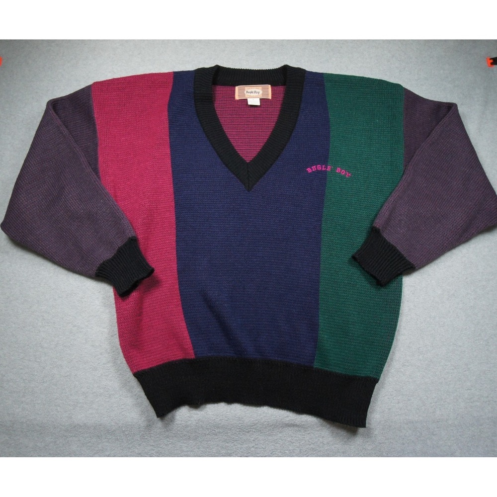 Vintage Bugle Boy Sweater Mens XLarge Knit Vneck Colorblock 90s Pullover Cosby